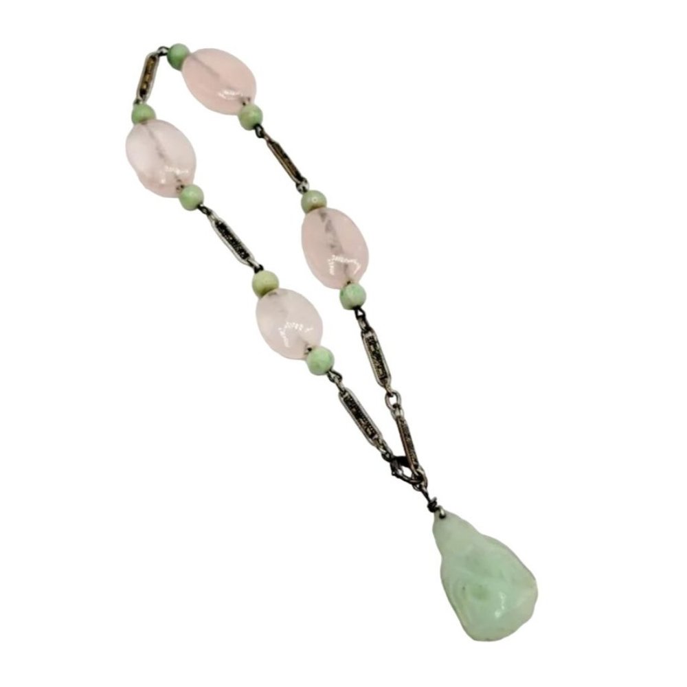 Czech Art Deco Flapper Silver Rose Quartz And Jade Figural Bracelet (A2609)